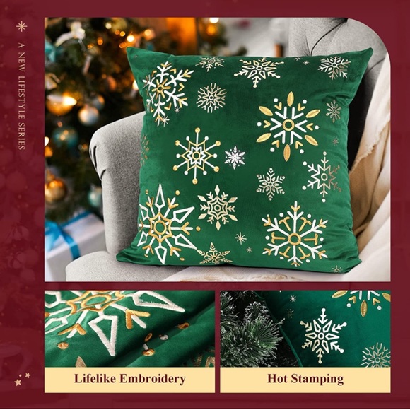 Christmas Throw Pillow Covers, Snowflake Embroidery Velvet Dark Green - Picture 5 of 5